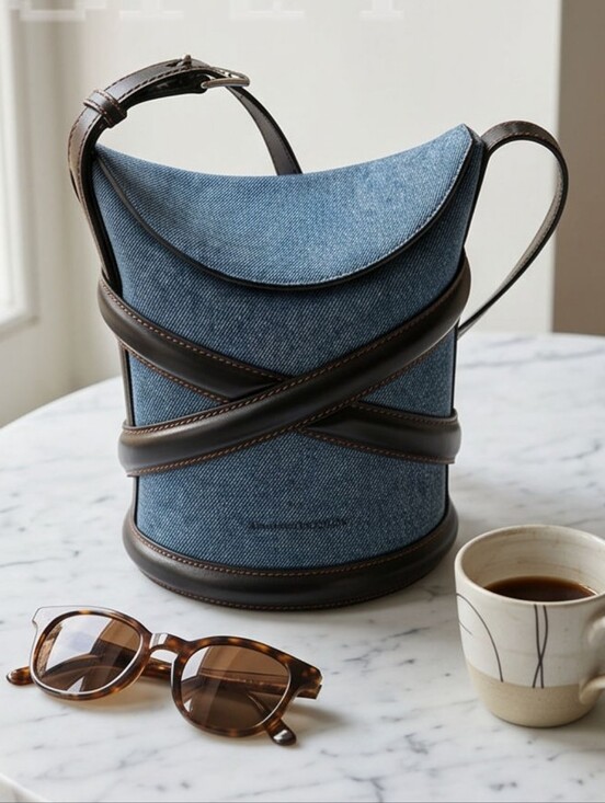 Alexander McQueen Handbags - ALEXANDER McQUEEN Denim & Calfskin The Curve Small Shoulder| Crossbody